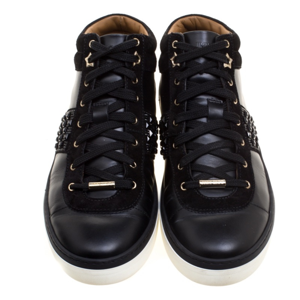 Jimmy Choo Black Leather And Crystal Studded Suede Bells Lace Up Sneakers size 7